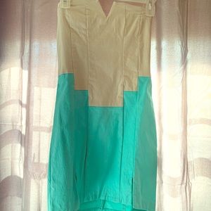 Cream and turquoise strapless dress